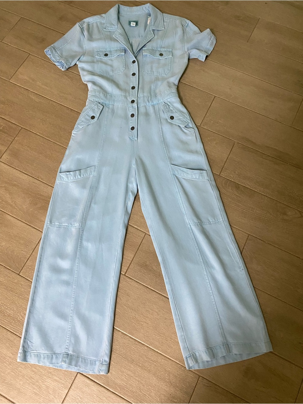 Guess Light Blue Wide-Leg Denim Jumpsuit with Button Front
